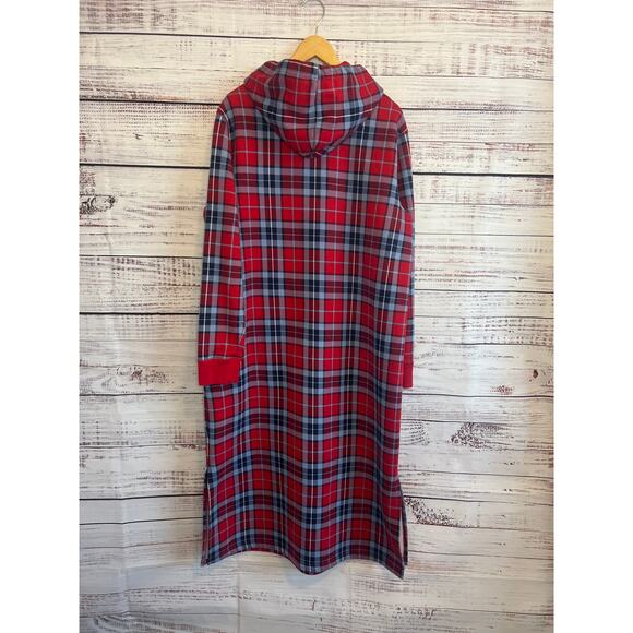 Lands' End Serious Sweats Hooded Lounger Gown Red White Blue Plaid Size L - Picture 6 of 14